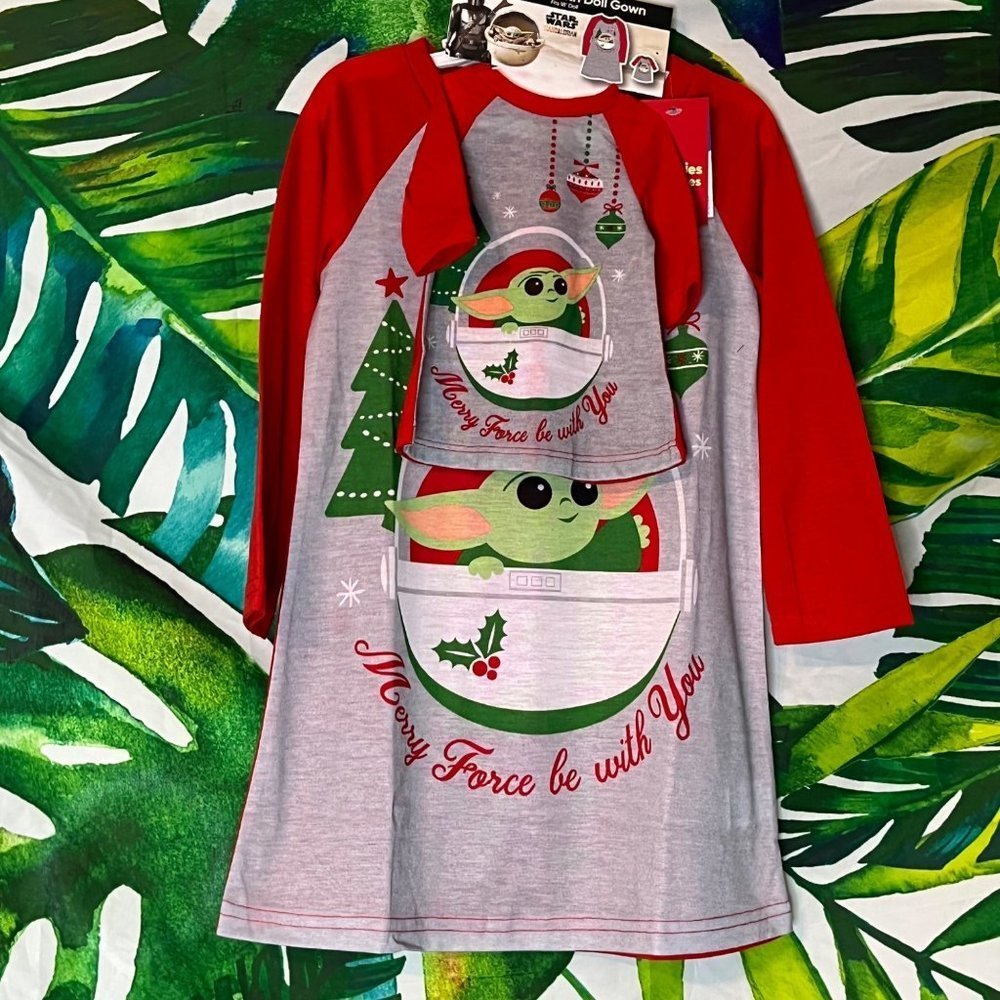 NWT $36 Star Wars Grogu Baby Yoda Merry Force Girl Size 4 Nightgown 18" Doll Set